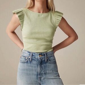 J. Crew Light Green Ribbed Tank with Pleated Cap Sleeves